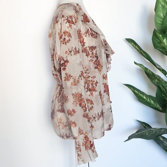 Peruvian Connection Beige Rusty Brown Floral Long Sleeve Ruffle Wrap Blouse Top - Picture 6 of 12